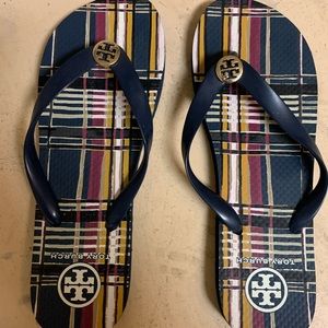 Tory Burch Navy Blue Flip Flops with Gold Logo